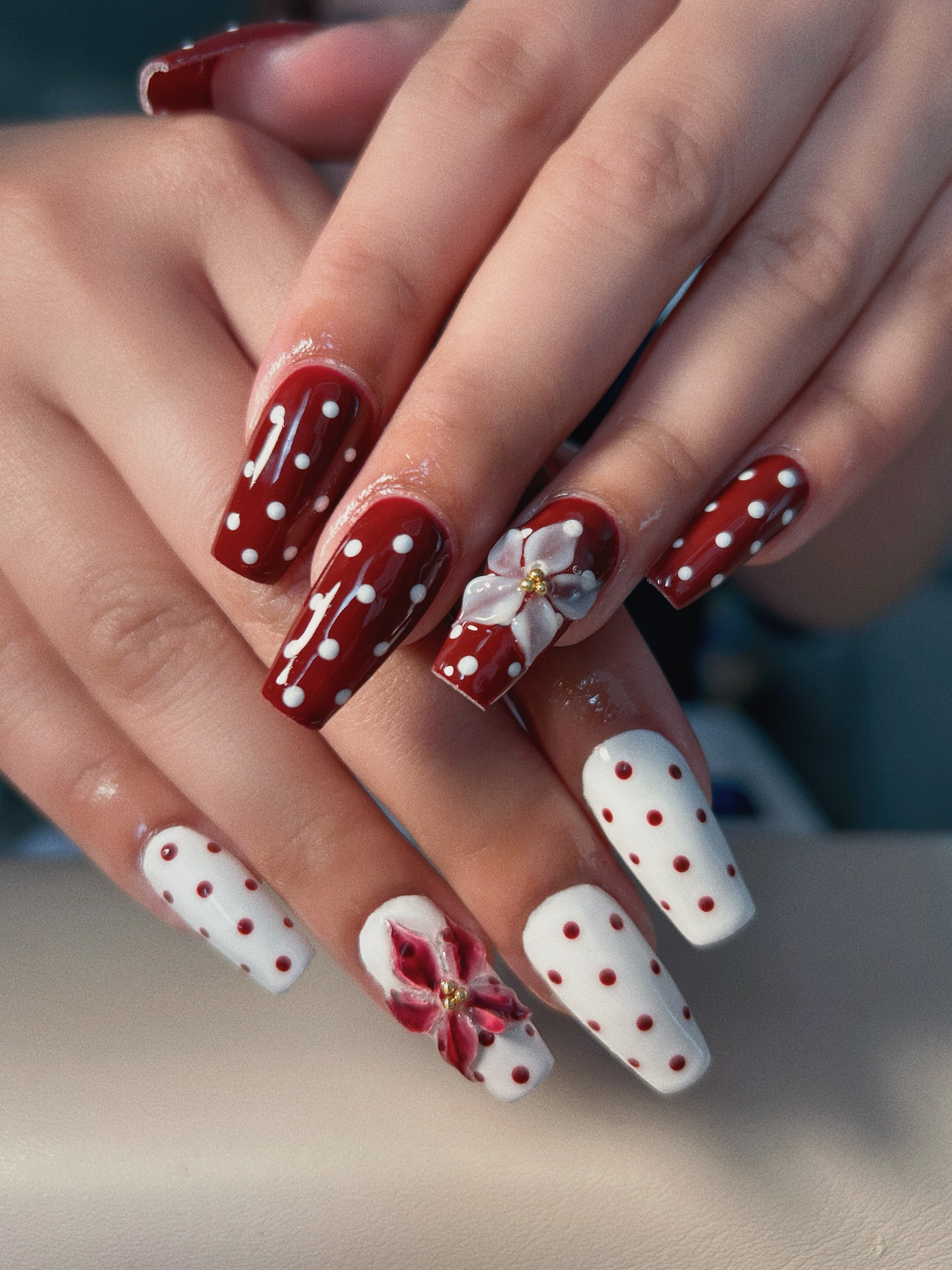 GiGi Nails Vantaa — red and white polka dots with a little 3D flower magic